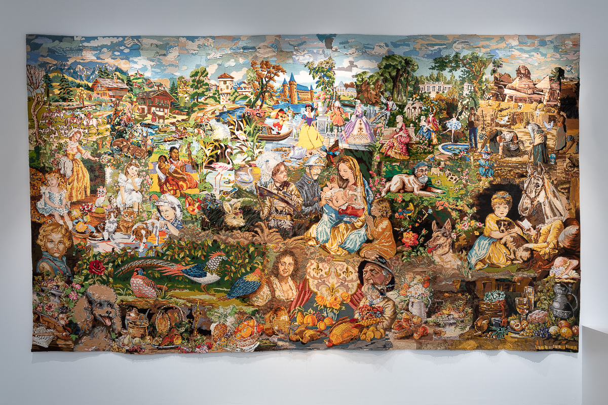 Nativité, 2019, Found canvases and tapestries assembled and sewn, 378 x 217 cm | Image: Emilie Mathé Nicolas